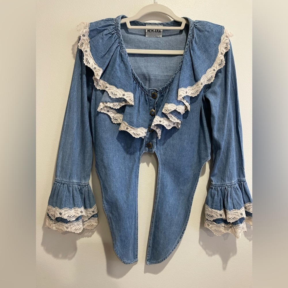 Vintage Long Sleeve Denim Button downTie Front Crop with Ruffle white Mesh Trim - Picture 4 of 6
